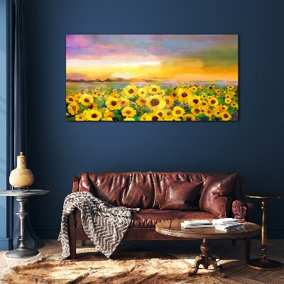 Tableau en verre Tournesols dans les rayons du soleil couchant