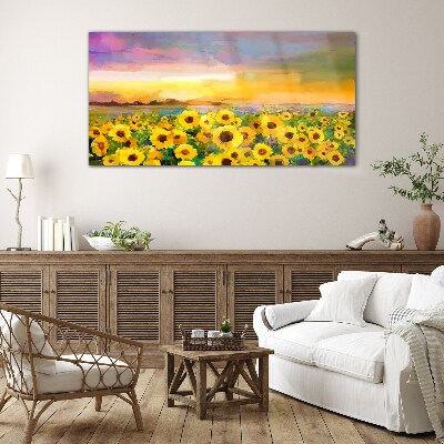 Tableau en verre Tournesols dans les rayons du soleil couchant