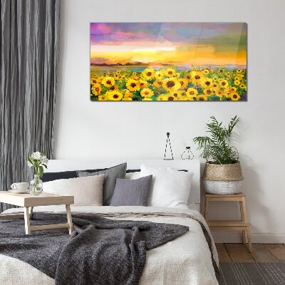 Tableau en verre Tournesols dans les rayons du soleil couchant