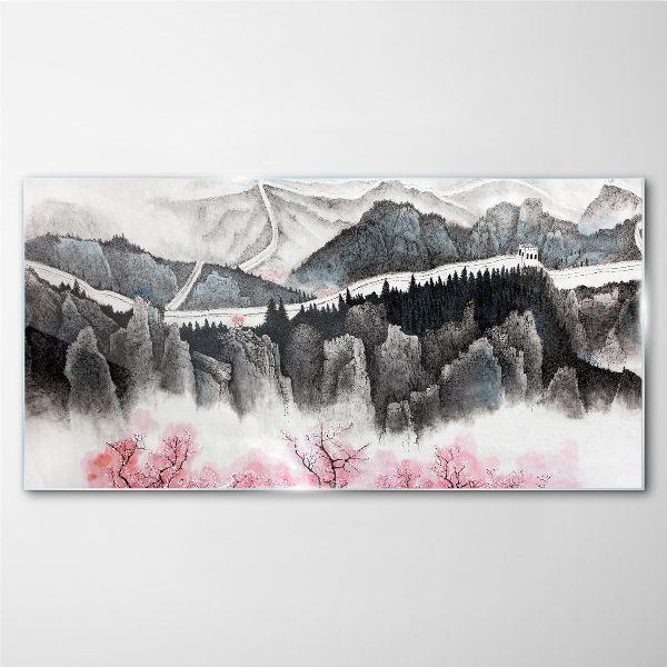 Tableau sur verre Un paysage de montagne paisible avec des fleurs