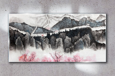 Tableau sur verre Un paysage de montagne paisible avec des fleurs