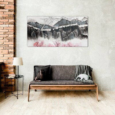 Tableau sur verre Un paysage de montagne paisible avec des fleurs