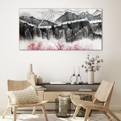 Tableau sur verre Un paysage de montagne paisible avec des fleurs
