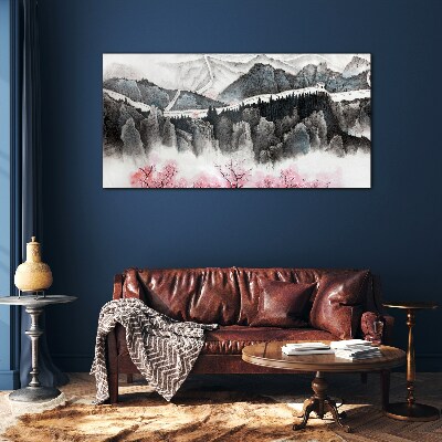 Tableau sur verre Un paysage de montagne paisible avec des fleurs