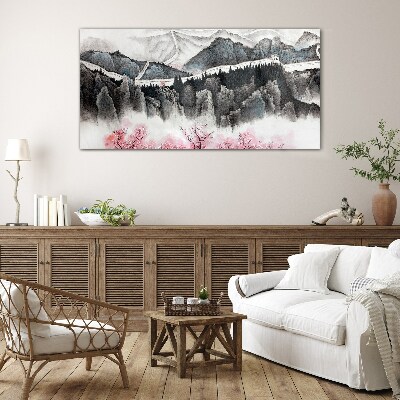 Tableau sur verre Un paysage de montagne paisible avec des fleurs