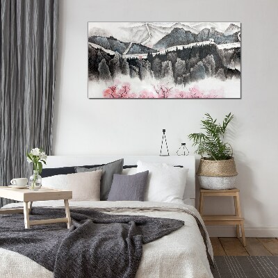 Tableau sur verre Un paysage de montagne paisible avec des fleurs