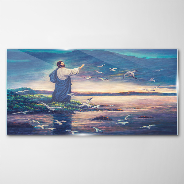 Tableau imprimé sur verre Jésus sur le rivage avec des oiseaux