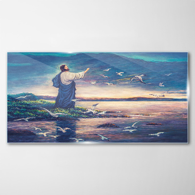 Tableau imprimé sur verre Jésus sur le rivage avec des oiseaux