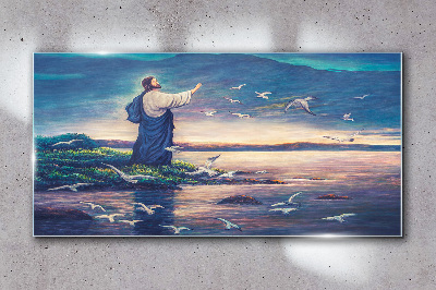 Tableau imprimé sur verre Jésus sur le rivage avec des oiseaux