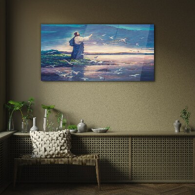 Tableau imprimé sur verre Jésus sur le rivage avec des oiseaux