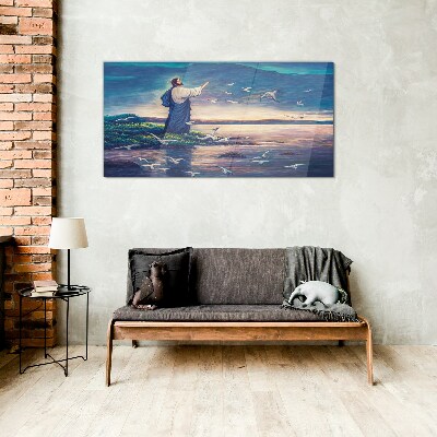 Tableau imprimé sur verre Jésus sur le rivage avec des oiseaux