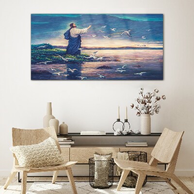 Tableau imprimé sur verre Jésus sur le rivage avec des oiseaux