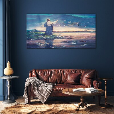 Tableau imprimé sur verre Jésus sur le rivage avec des oiseaux