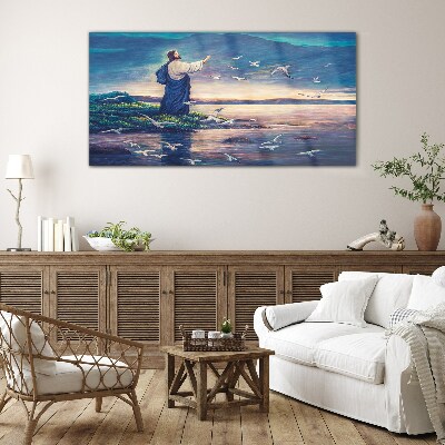 Tableau imprimé sur verre Jésus sur le rivage avec des oiseaux