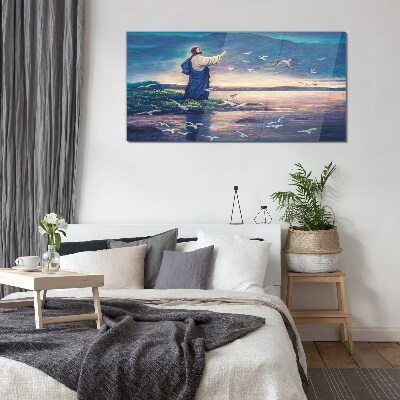 Tableau imprimé sur verre Jésus sur le rivage avec des oiseaux