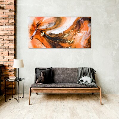 Tableau sur verre Tourbillons dorés dans des tons orange