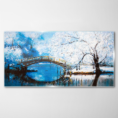 Tableau en verre Pont d'hiver dans un paysage bleu