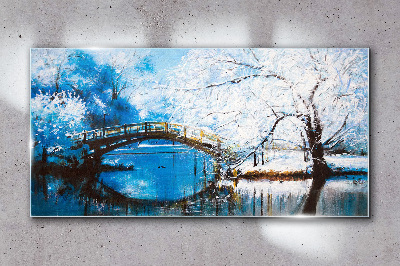 Tableau en verre Pont d'hiver dans un paysage bleu