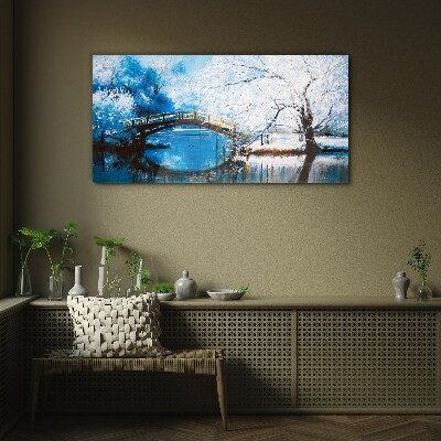 Tableau en verre Pont d'hiver dans un paysage bleu
