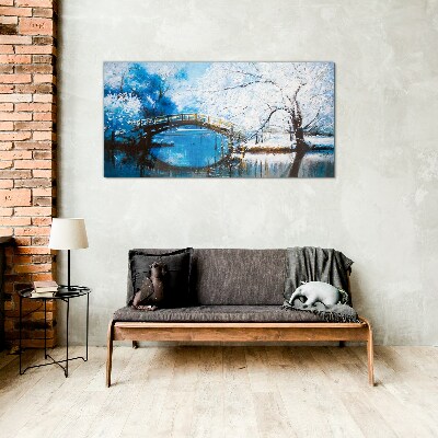 Tableau en verre Pont d'hiver dans un paysage bleu