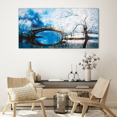 Tableau en verre Pont d'hiver dans un paysage bleu