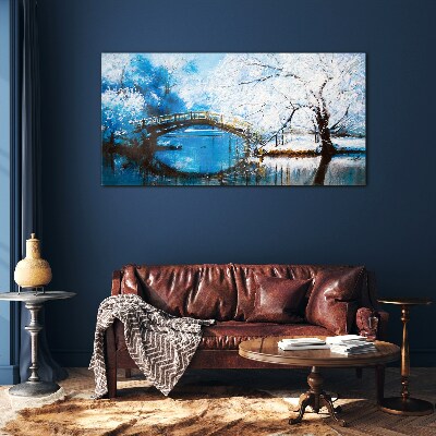 Tableau en verre Pont d'hiver dans un paysage bleu