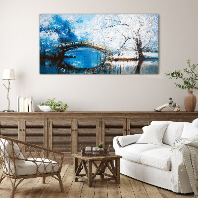 Tableau en verre Pont d'hiver dans un paysage bleu