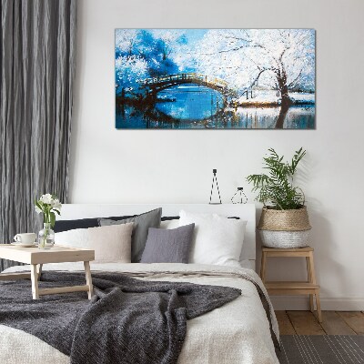 Tableau en verre Pont d'hiver dans un paysage bleu