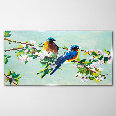 Tableau sur verre Oiseaux sur une branche en fleurs