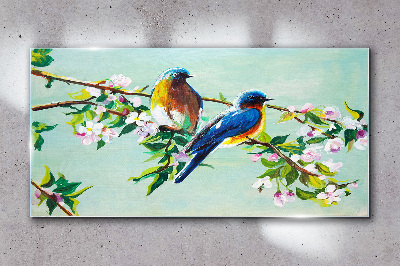 Tableau sur verre Oiseaux sur une branche en fleurs