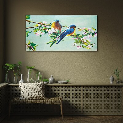 Tableau sur verre Oiseaux sur une branche en fleurs