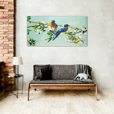 Tableau sur verre Oiseaux sur une branche en fleurs