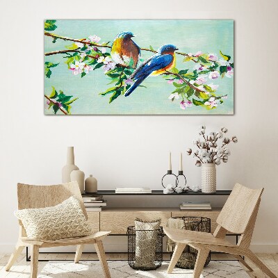 Tableau sur verre Oiseaux sur une branche en fleurs