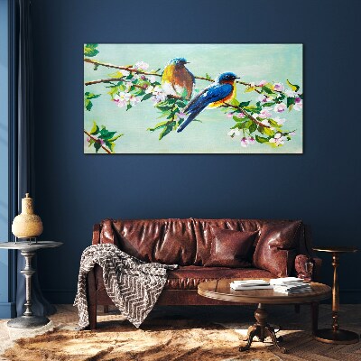 Tableau sur verre Oiseaux sur une branche en fleurs