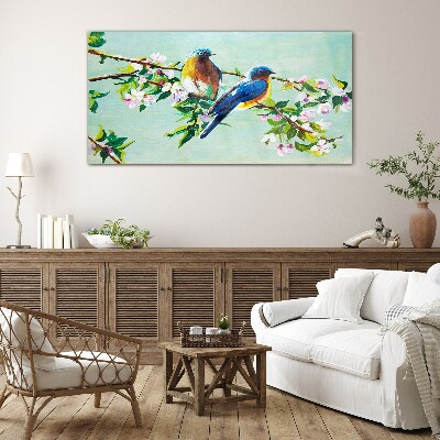 Tableau sur verre Oiseaux sur une branche en fleurs