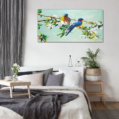 Tableau sur verre Oiseaux sur une branche en fleurs