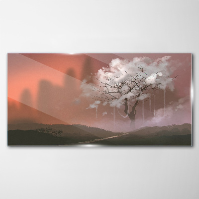 Tableau sur verre Paysage brumeux avec un arbre