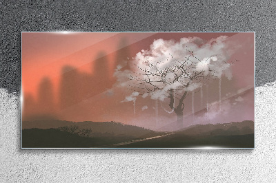Tableau sur verre Paysage brumeux avec un arbre