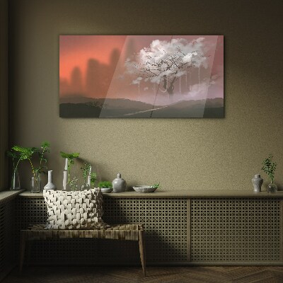 Tableau sur verre Paysage brumeux avec un arbre