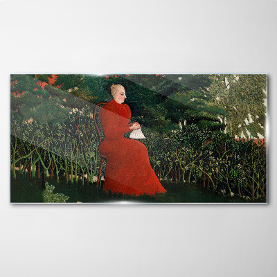 Tableau verre imprimé Manteau rouge dans le jardin