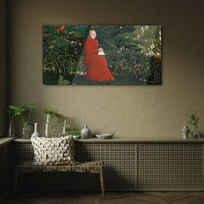 Tableau verre imprimé Manteau rouge dans le jardin