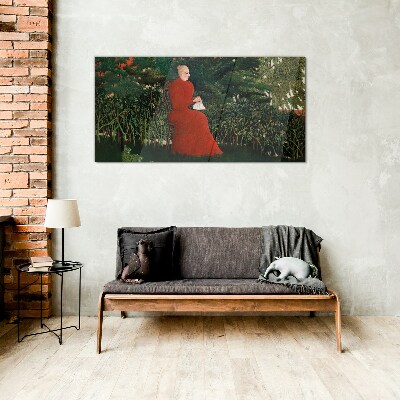 Tableau verre imprimé Manteau rouge dans le jardin
