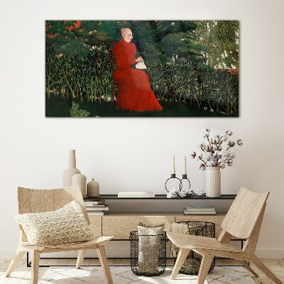 Tableau verre imprimé Manteau rouge dans le jardin