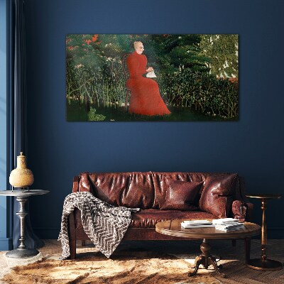 Tableau verre imprimé Manteau rouge dans le jardin