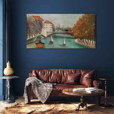 Tableau sur verre Un paysage paisible avec des bateaux