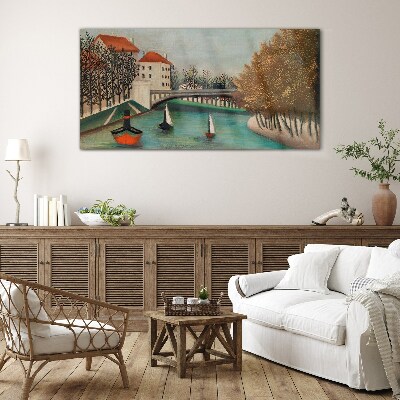 Tableau sur verre Un paysage paisible avec des bateaux