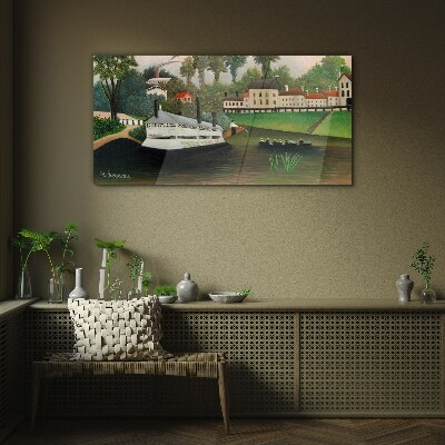Tableau verre imprimé Un port tranquille avec un bateau à vapeur