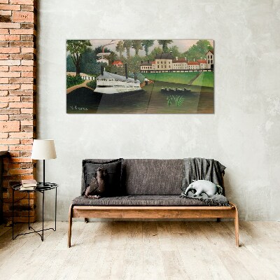 Tableau verre imprimé Un port tranquille avec un bateau à vapeur