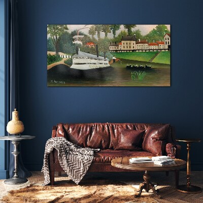 Tableau verre imprimé Un port tranquille avec un bateau à vapeur