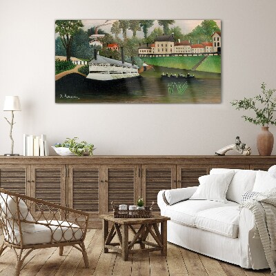 Tableau verre imprimé Un port tranquille avec un bateau à vapeur